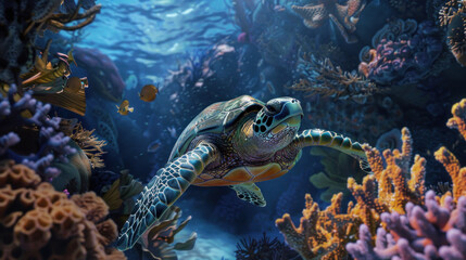 Obraz premium Close-up of a deep sea turtle surrounded by beautiful coral.