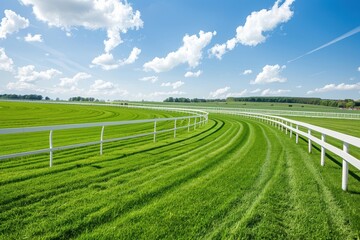 Desolate racecourse with green grass and white rails panoramic view with space for text