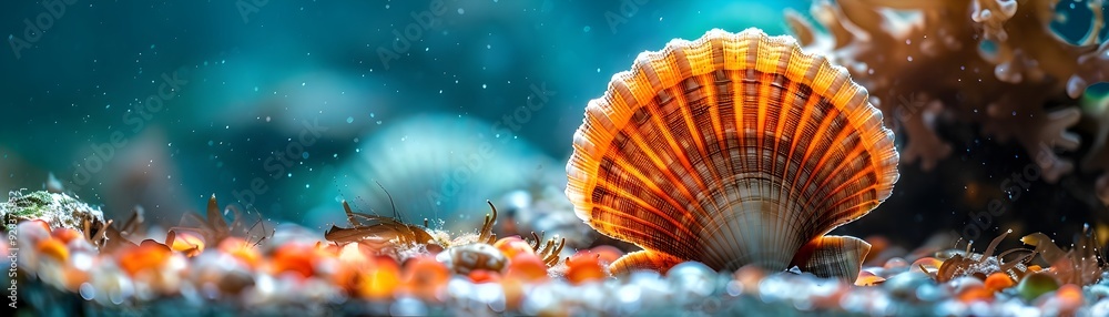 Poster captivating close up of an open scallop shell revealing its intricate patterns and colors