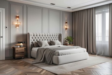 Modern bedroom with grey velvet bed frame, herringbone parquet floor, and soft lighting creating a cozy, luxurious atmosphere.