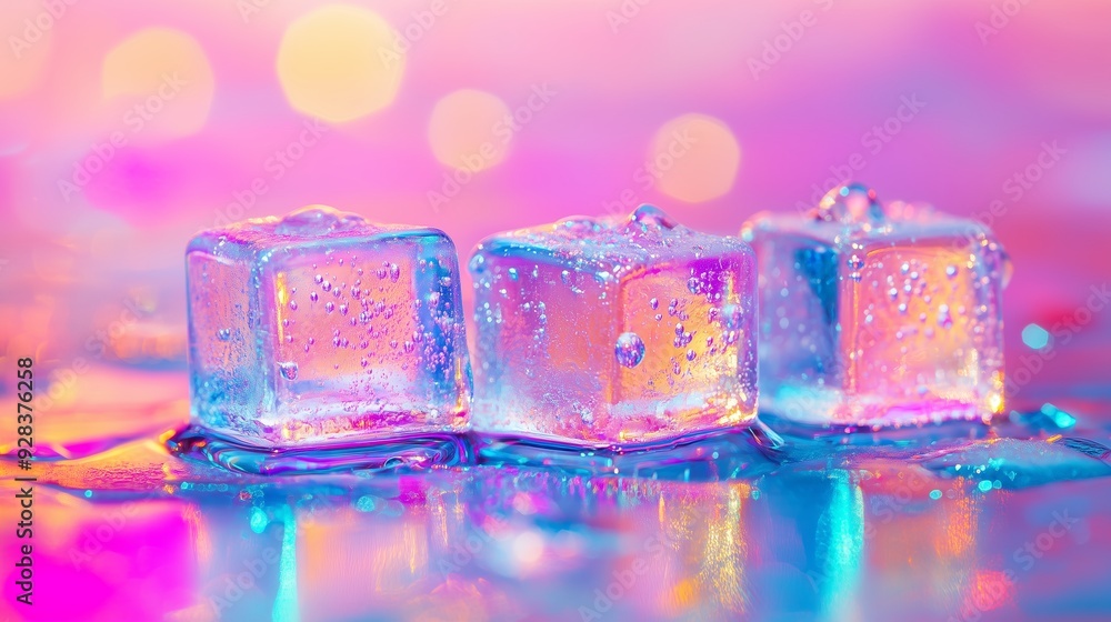 Poster colorful ice cubes sit on a reflective surface with vibrant bokeh lights in the background during ev