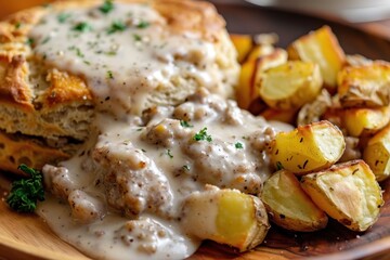 Detailed view of biscuits with sausage gravy and fried potatoes on wooden plate