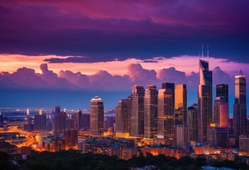 Obraz premium vibrant city skyline dusk showcasing bold colors glowing lights beautiful evening sky, urban, architecture, buildings, horizon, sunset, illumination, landscape