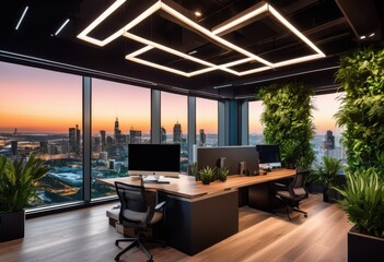 Fototapeta premium stunning dynamic views modern office layout captured during showcasing innovative design elegant lighting, architecture, workspace, furniture, windows, glass