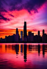 Fototapeta premium breathtaking chicago skyline vibrantly illuminated stunning sunset hues colorful display beauty, illumination, colors, cityscape, architecture, evening, light