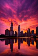 Fototapeta premium vibrant city skyline silhouettes bathed sunset glow colorful hues dramatic cloud patterns, colors, clouds, urban, architecture, buildings, horizon, evening