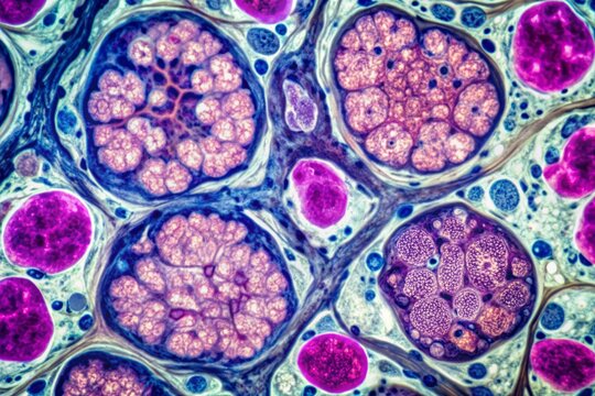 Magnified microscopic view of human lung tissue, revealing ductal cell carcinoma and adenocarcinoma, with detailed cell structures and nuclei, in a pathology lab setting.