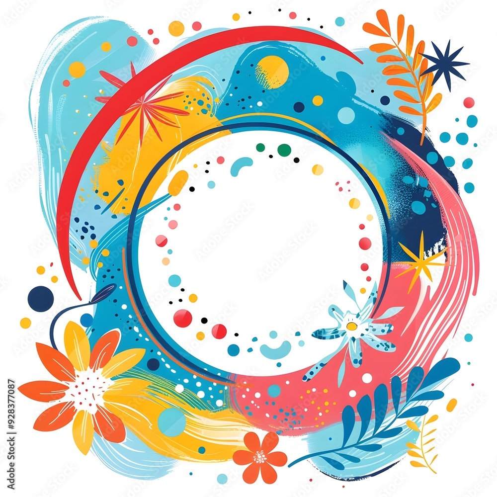 Poster whimsical cartoon style floral frame floating against white background with vibrant patterns and col