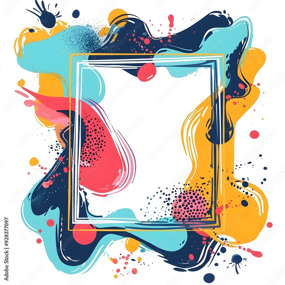 Poster whimsical cartoon style floating frame with bright colors and fun patterns on a white background