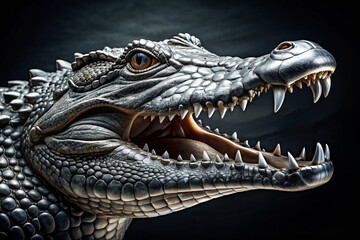 Obraz premium Stylized depiction of a crocodile's jaws, with metallic silver scales, and bold typography, set against a dark background, exuding strength and edginess.