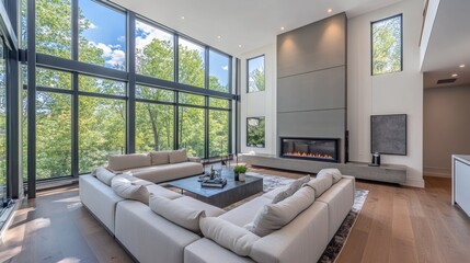 A spacious living room with a U-shaped sectional sofa, a modern fireplace, and large floor-to-ceiling windows.