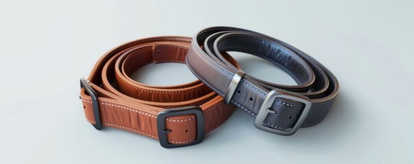 Obraz premium Pair of stylish leather belts on white background, 4K hyperrealistic photo