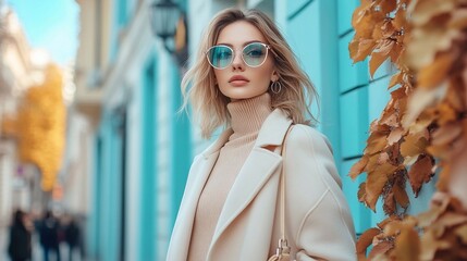 autumn look well dressed elegant woman in the street, use luxury style, warm white, beige, stylish jewelry.