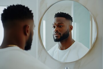 black Man looking at his self in the mirror. fresh cut hair and hairline, bearded men, with copy space