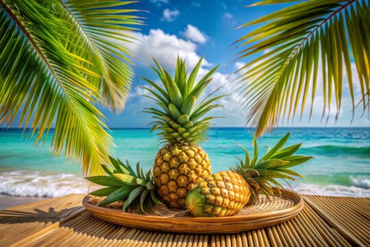 sun-drenched tropical paradise with pineapple tidbits arranged on woven rattan plate against turquoise ocean waves and swaying palm tree fronds in warm breeze