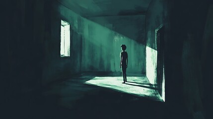 A portrayal of anxiety, with a character nervously pacing in a dimly lit room, surrounded by shadows and a sense of unease