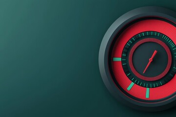 Stylish red and black clock design against a green background, perfect for modern timekeeping visuals.