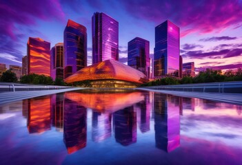 Naklejka premium stunning twilight skyline modern glass structures reflecting vibrant colors dusk sky, architecture, buildings, city, cityscape, contemporary, evening, horizon
