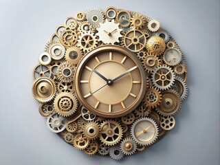 Minimalist collage art showcasing clock faces and gears, emphasizing punctuality and time management in 24 hours, from morning to night, with a timeless elegance.