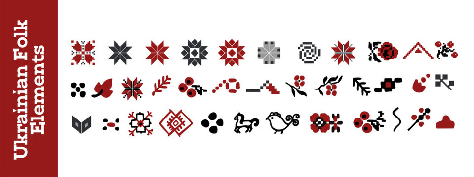 Vector Folk Pixel Pattern Set With Ukrainian Motifs 