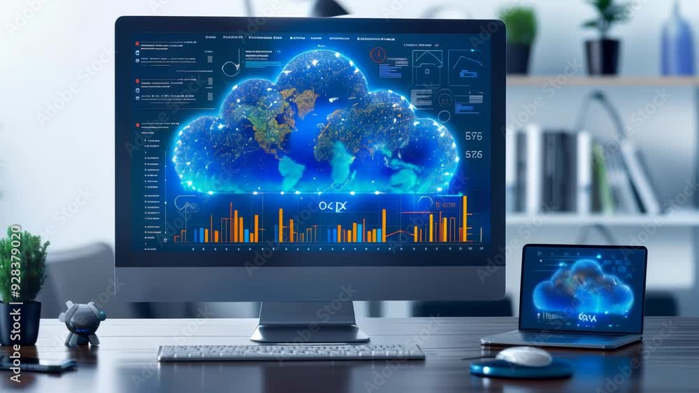 Poster cloud computing growth visualized with digital data on computer screen in modern office setting, tec