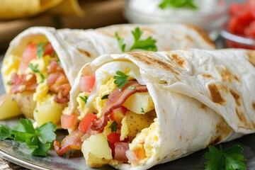 Egg bacon and potato breakfast burritos