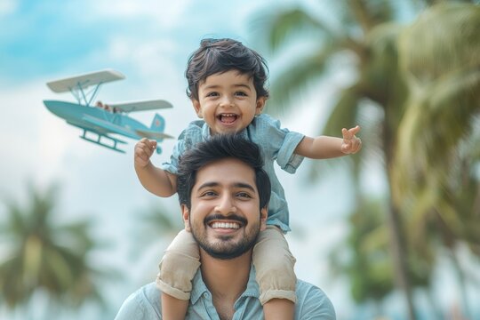 Indian young father and small kid playing, cuddling, flying plane, floating boat, Generative AI