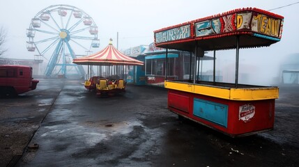 Obraz premium Abandoned amusement park with Ferris wheel and carousel covered in fog. The park appears deserted with old, worn-out stalls and rides.