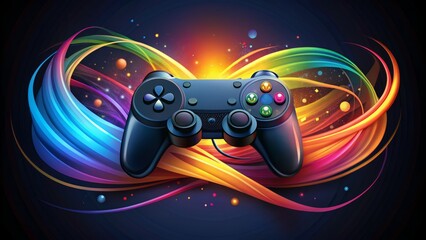 Obraz premium Modern minimalist illustration of a black gaming controller with vibrant colorful vectors swirling around it, symbolizing digital gaming excitement and futuristic technology.