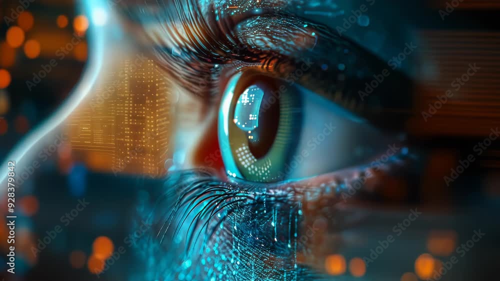 Poster futuristic close-up of eye reflecting ai and automation imagery enhancing business efficiency and pr
