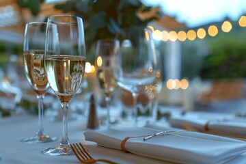 A close-up view of wine glasses on a table