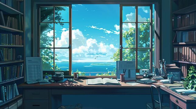 Book resting on a table in a room with a large window offering a stunning view of a serene beach landscape.
 Seamless looping 4k time-lapse virtual video animation Generated AI