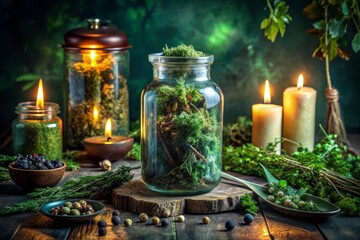 Fototapeta premium Mystical apothecary jar filled with lush green herbs and dried botanicals, surrounded by candles and eerie shadows, evoking ancient magical rituals and spellbinding practices.