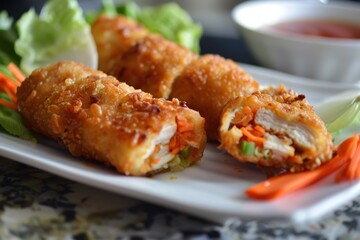 Egg roll with chicken lettuce and carrots on a plate