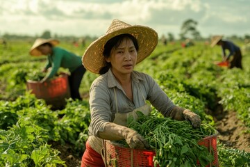 Harvesting Action: Document farmers or workers picking fruits and vegetables during harvest