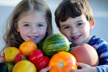 Fototapeta premium Children interacting with fruits and vegetables, promoting healthy eating.