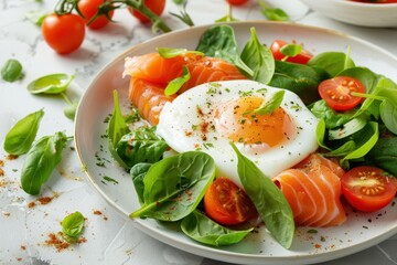Egg with salmon tomato and spinach on a light surface