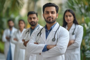 Group of Indian Doctors standing with hands folded, looking at camera, Generative AI