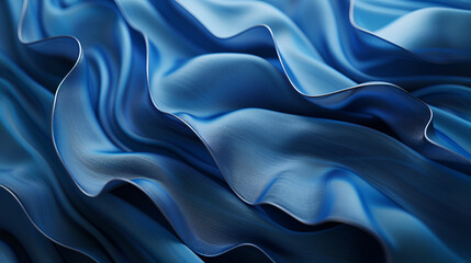 Fototapeta premium 3d render, abstract background with folded textile ruffle, blue cloth macro, wavy fashion wallpaper
