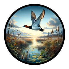 A circular 3D rendered watercolor painting of a Canvasback Duck flying, isolated on a transparent background