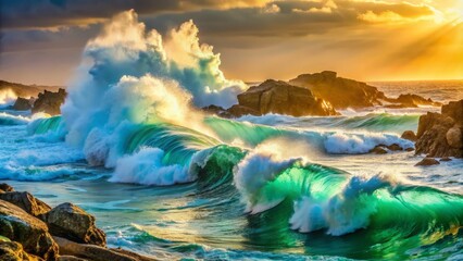 Fototapeta premium Powerful turquoise ocean waves crash against rocky shoreline, spraying sea foam and mist, with sunlight casting a warm glow on the turbulent water.