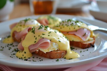 Eggs Benedict made with ham toast and hollandaise