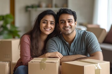 Home shifting or moving with indian young couple sitting on flore surrounded by cardboard boxes, Generative AI