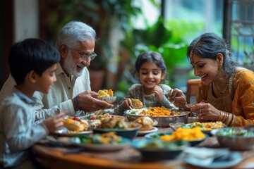 Indian family having lunch at home on dining table with grandparents, parents and kids, Generative AI