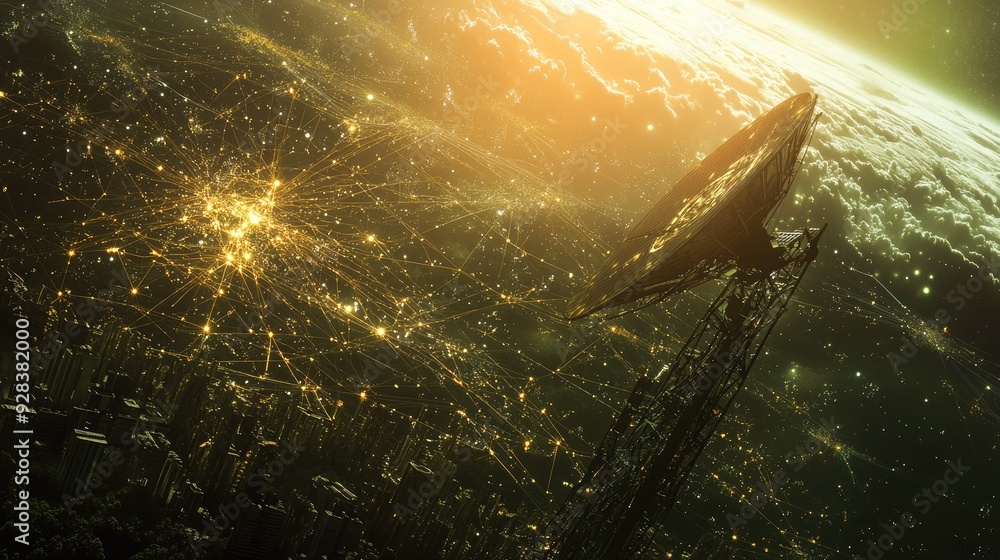 Poster a 3d render of a satellite network providing internet coverage to remote areas.