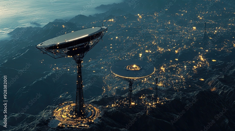Poster a 3d render of a satellite network providing internet coverage to remote areas.