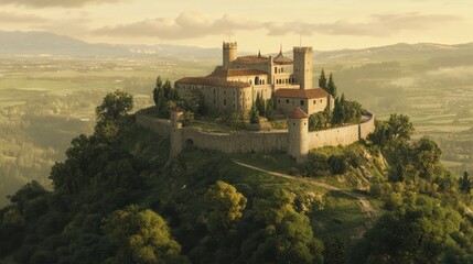 Medieval Castle on Hilltop with Scenic Valley