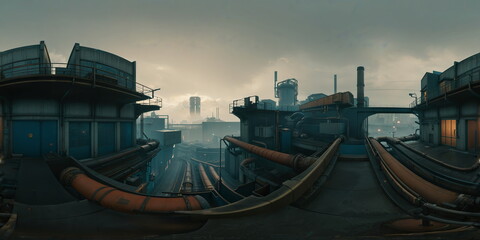 Naklejka premium Full 360 degrees seamless spherical panorama HDRI equirectangular projection of A Dystopian gritty urban landscape. Texture environment map for lighting and reflection source rendering 3d scenes. 