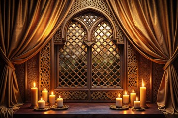 Obraz premium Golden Arabian Nights-inspired window with ornate latticework, velvet drapes, and soft candlelight, exuding romance and mystery in warm, muted tones.