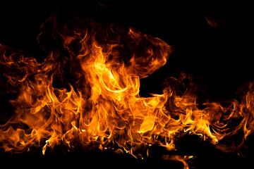 Fire flames isolated on black background. Fire burn flame isolated, flaming burning art design...